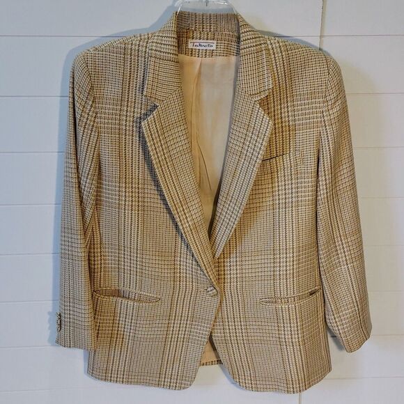 Talbots Women's 12 Silk Wool Blend Herringbone Blazer Jacket Tan Made in USA VTG - Picture 1 of 12